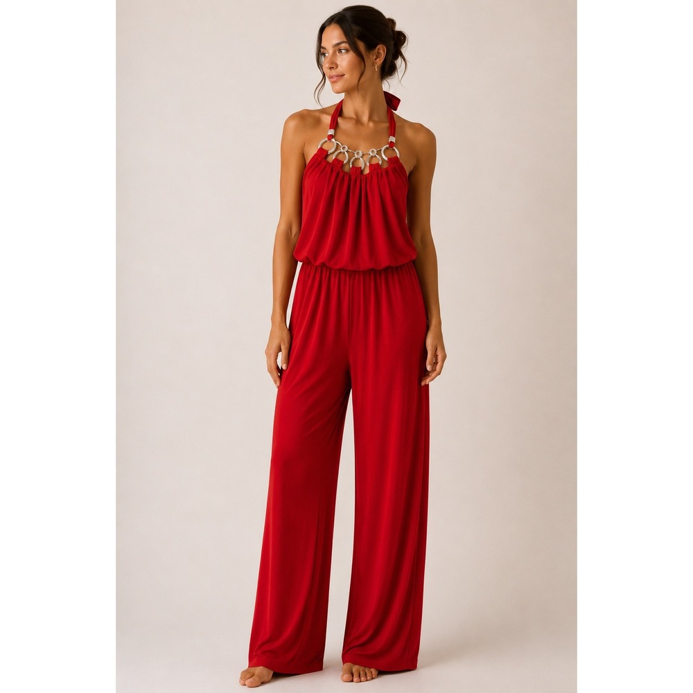 Cache Women Jumpsuit M Red Halter Embellished Neckline Wide Leg Blouson Vintage
